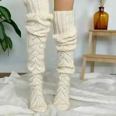 Women Cream Knitted Long Socks Over Knee Leg Warm Thigh High Stockings Winter • £5.98