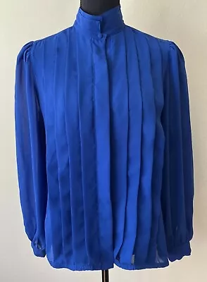 Vintage 1980s Kat Royal Blue Secretary Blouse With Front Pleats Sheer Large • $22