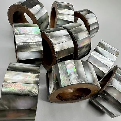 Set Of 10 Wood Round Napkin Rings Holders W/ Mother Of Pearl Boho • $9.99