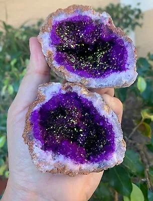 Large Purple And Gold Geode Pair W/Stands Crystal Quartz Gemstone Specimen Dyed • $21.99