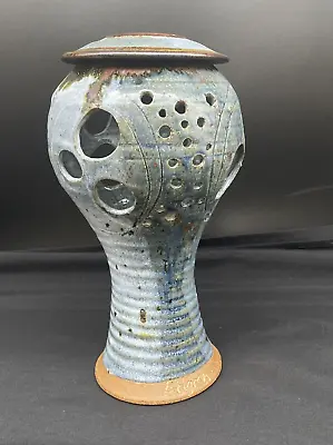 Vintage Studio Art Pottery Glazed Pierced Candle Holder Vase Signed 9  • $42.50