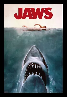 (FRAMED) JAWS CLASSIC MOVIE POSTER (66x96cm) PICTURE PRINT ART • $79.20
