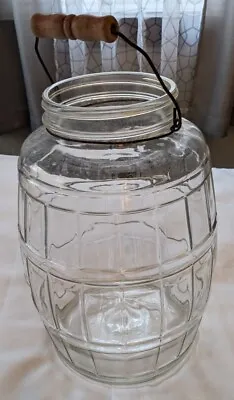 Vintage Glass 13  Barrel Pickle Jar W/Bale Wood Handle -No Lid -Approx 3 Gallons • $24.99