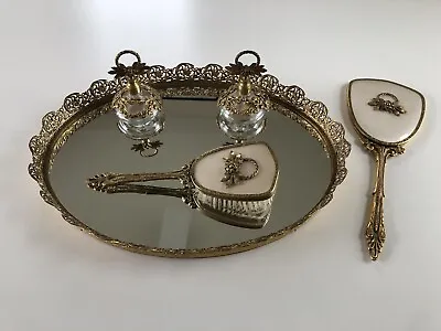 Vintage Globe Vanity Tray Set Gold Filigree 24KT Plated Perfume Bottles Mirror • $249.99