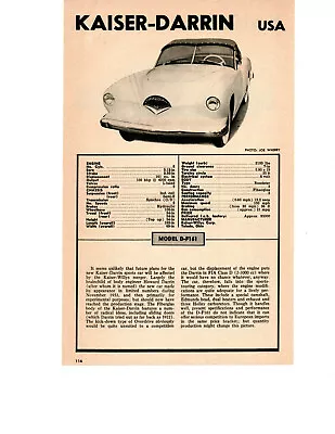 1954 Kaiser-darrin Model D-f161 ~ Original Smaller Specs Article / Ad • $11.95
