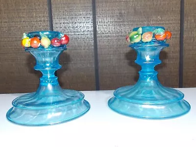 Venetian Murano Fruit Glass Candlesticks Celeste Blue Iridescent • $85