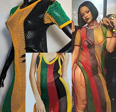 Ladies Multicoloured Rasta Side Slit String Mesh Maxi Dress Rihanna Free Size UK • £12.99
