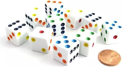 Koplow Games Set Of 10 Six Sided D6 16mm Standard Dice White With Multi-Color P • $8.59