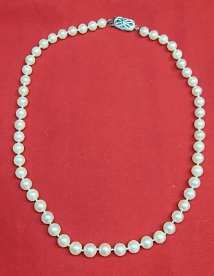 Vintage 14K White Gold Zales Diamond Clasp 6.4- 8.3mm Mikimoto Pearl Necklace 17 • $1499.99