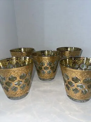 Vintage Culver Valencia Low Ball Glasses Double Old Fashioned 22K Gold Set Of 5 • $116.06