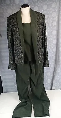VTG Jessica Howard 3 PC Pant Set Velvet Olive Green Top Pants & Jacket Women 16 • $17.98