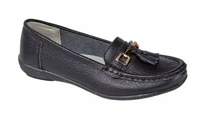 Ladies Black Shoes Comfort Leather Wedge Slip On Wide Fit Nautical Sizes 4-8  • £17.99