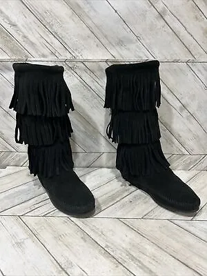 Minnetonka Women's Black 3 Layer Suede Fringe Moccasin Tall Boots 1639 Size 6 • $28.28