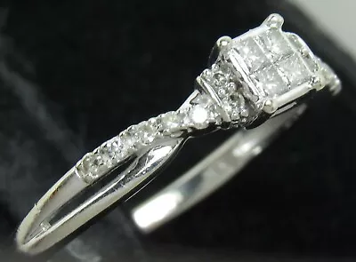 Zales 10k White Gold 18 Diamond Princess Quad Frame Engagement Sz 8.5 Ring IKS  • $289.99