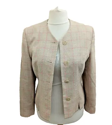 Alexon Collarless Wool Jacket Blazer Beige Pink Yellow Check Career - Size 12 UK • £19.99