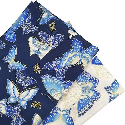 Metallic Gold Foil Japanese Style Butterfly Print Cotton Fabric 60  Wide • £8.99