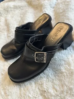 Vintage Y2K Mudd Chunky Faux Leather Mules Black Heels Shoes Women's Sz 9 Buckle • $7