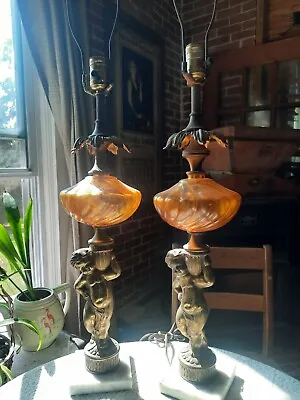 $60 • Buy Vintage Amber Glass Cherub Lamp