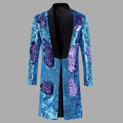 Mens Glitter Sequins Long Suit Dress Jackets Blazer Coat Showman Party Perform • £75.36