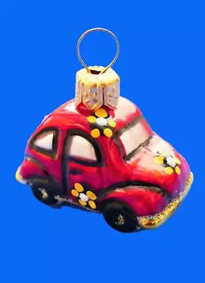 Mini Red Bug Flower Car Auto European Blown Glass Christmas Ornament Vw • $9.95