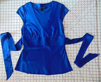 Express Design Studios Cobalt Blue Satin Silk Pullover Short Sleeve Silk Top M • $28