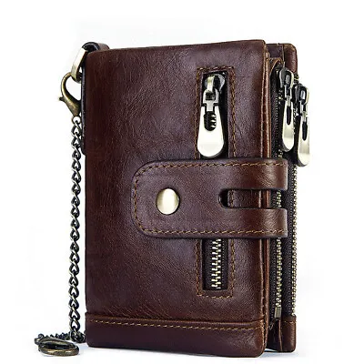 $30.99 • Buy Men's RFID Blocking Wallet Genuine Leather Purse Card Slots Coins Holder Chain