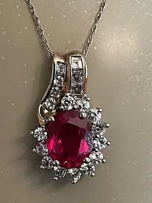 Ruby & White Lab-Created Sapphire 10K Gold Pendent Necklace-18  10k Gold Chain • $74.95