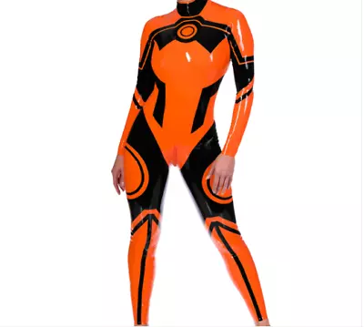 Latex Catsuit En Caoutchouc Orange Noir Sexy Cosplay Racing Suit Body Halloween • $96.98