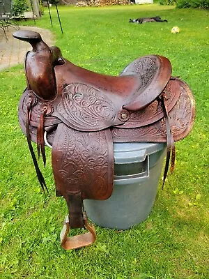 Vintage Western Roper Saddle Tooled Leather 14.5 In Seat 7 In Gullet • $175