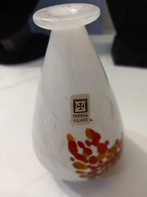 VINTAGE MDINA GLASS SMALL VASE WITH LABEL 3.75” Art White Red Brown  • $39.99