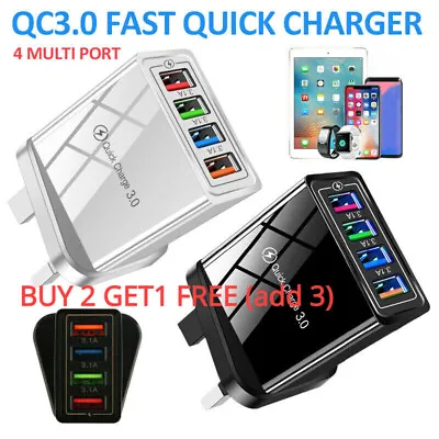 USB QC3.0 Hub 4 Multi Ports Fast Charge Mains Wall Charger Adapter UK EU Travel • £4.23