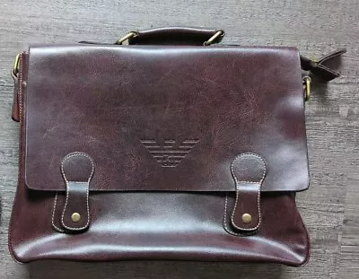 Vintage Giorgio Armani Leather Messenger Bag Briefcase Brown Shoulder Strap • $33