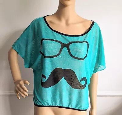 Green Top 10 12 Moustache Loose Boxy Translucent Batwing Sleeve • $12.63