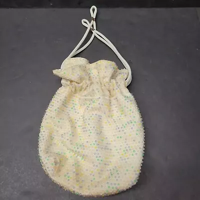 $16.99 • Buy Vintage Hand Beaded Drawstring Evening Bag Reversible Pastel Ivory