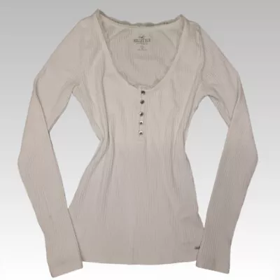 Hollister Long Sleeve Henley Top Womens Small Ribbed Lace Trim White Y2K T-shirt • £17.99