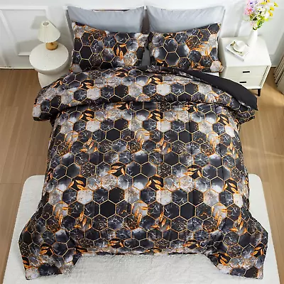 Gold Black Comforter Set Queen Size Modern Geometric Bedding Set & 2 Pillowcases • £26.44