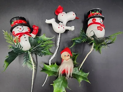 Lot Of 4 Vintage Christmas Floral Picks 2 Snowman 1 Dog And 1 Knee Hugger Santa • $15