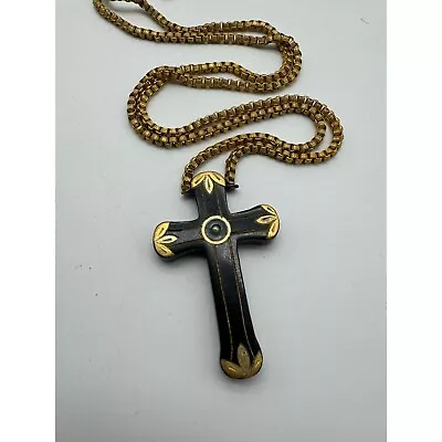 Antique Victorian Gold Filled Painted Black Cross Necklace • $225