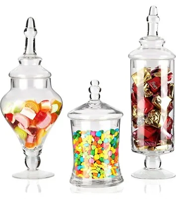 Clear Glass Apothecary Jars (3 Piece Set) Decorative Weddings Candy Buffet • £50