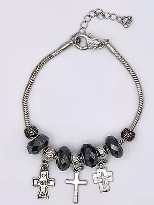 JCPenney Black Crystal Beads & Silver Faith Bracelet 9  Lobster Claw Clasp • $12.99