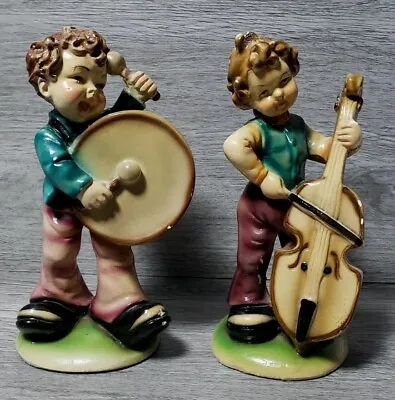 Pair Vintage 1950's Plaster Italian Figurines Boys Playing Musicial Instruments • £26.99