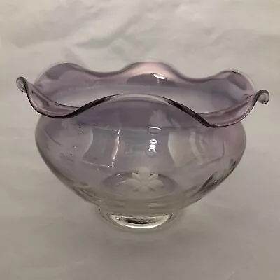 LENOX Iridescent Purple LAVENDER FADE Floral ETCHED Cut Glass Bowl Ruffled Edge • $12.99