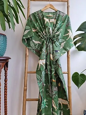 Indian Vintage 100% Cotton Long Beach Maxi Kaftan Dress One Size Caftan Kimono • $26.99