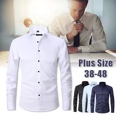 Mens Shirts Wrinkle Free Stretch Shirt Casual Formal Button Up Shirts Plus Size • £12.88