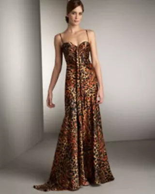 MARC BOUWER Glamit Silk Animal Print Gown W/Train & Padded Bra Size 12 $725. • $175