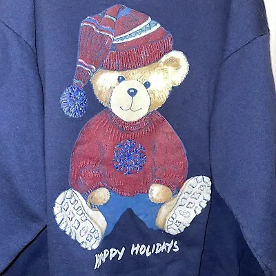 Vintage 90s Teddy Bear Happy Holidays Sweatshirt Puffy Paint 3x Read! E1000 • $12.50