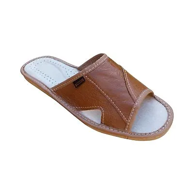 Men's Leather Slippers Slip On Mules Shoes Sandals Light Brown Size 6-11 UK • £14.05