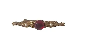 Vintage Gold Tone With Cabochon Red Stone And Faux Pearl  Bar Brooch Pin • $16.40