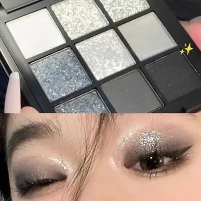 9 Color Black Smokey Eyeshadow Pallet Cool Toned Shimmer Glitter W7D6 Y9N8 • $9.16