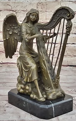 Handcrafted Angel Harp Sculpture Music Theme Hot Cast Bronze Statue • $359